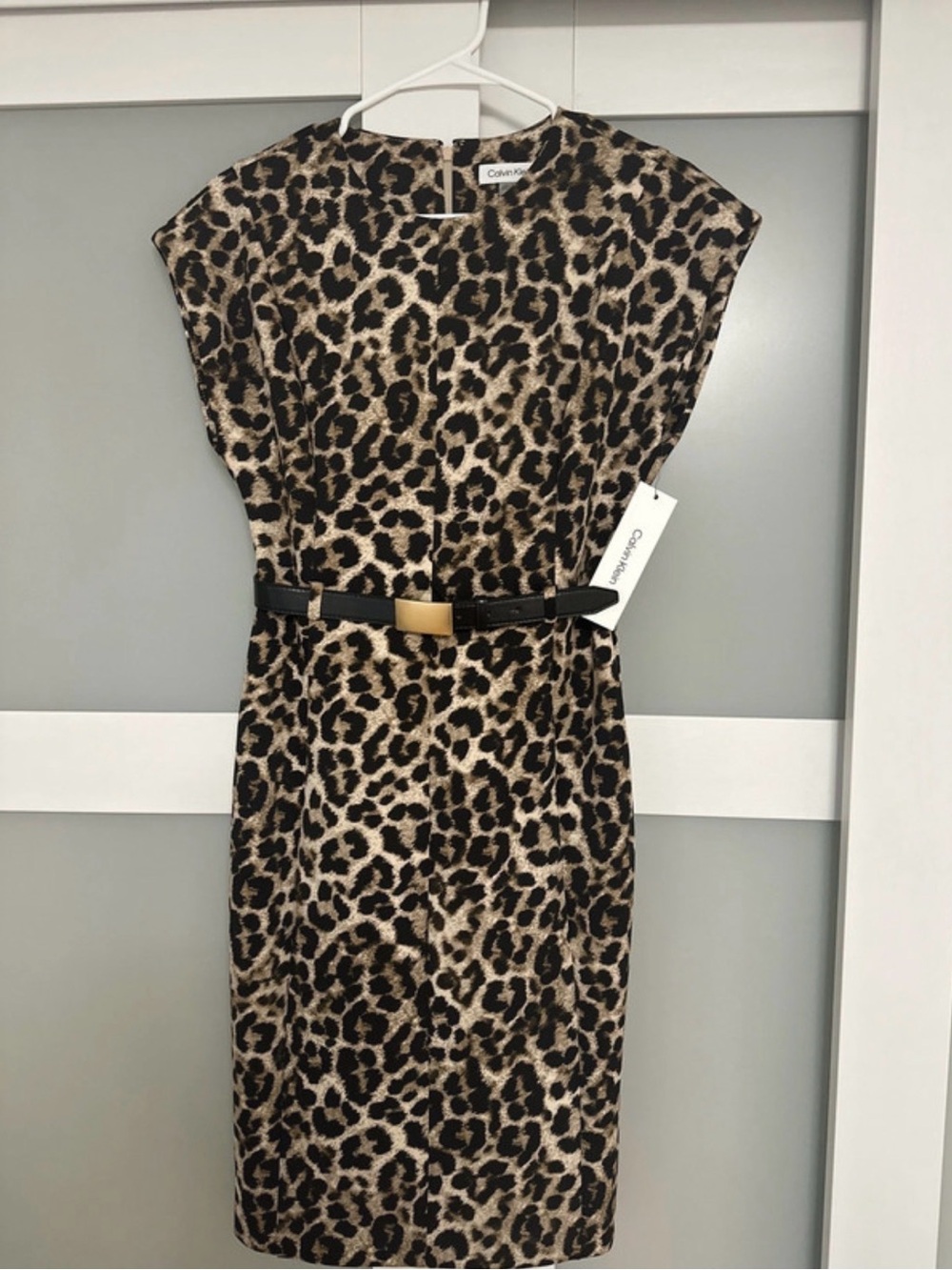 Calvin Klein Beige and Black Leopard Print Midi Dress with Belt